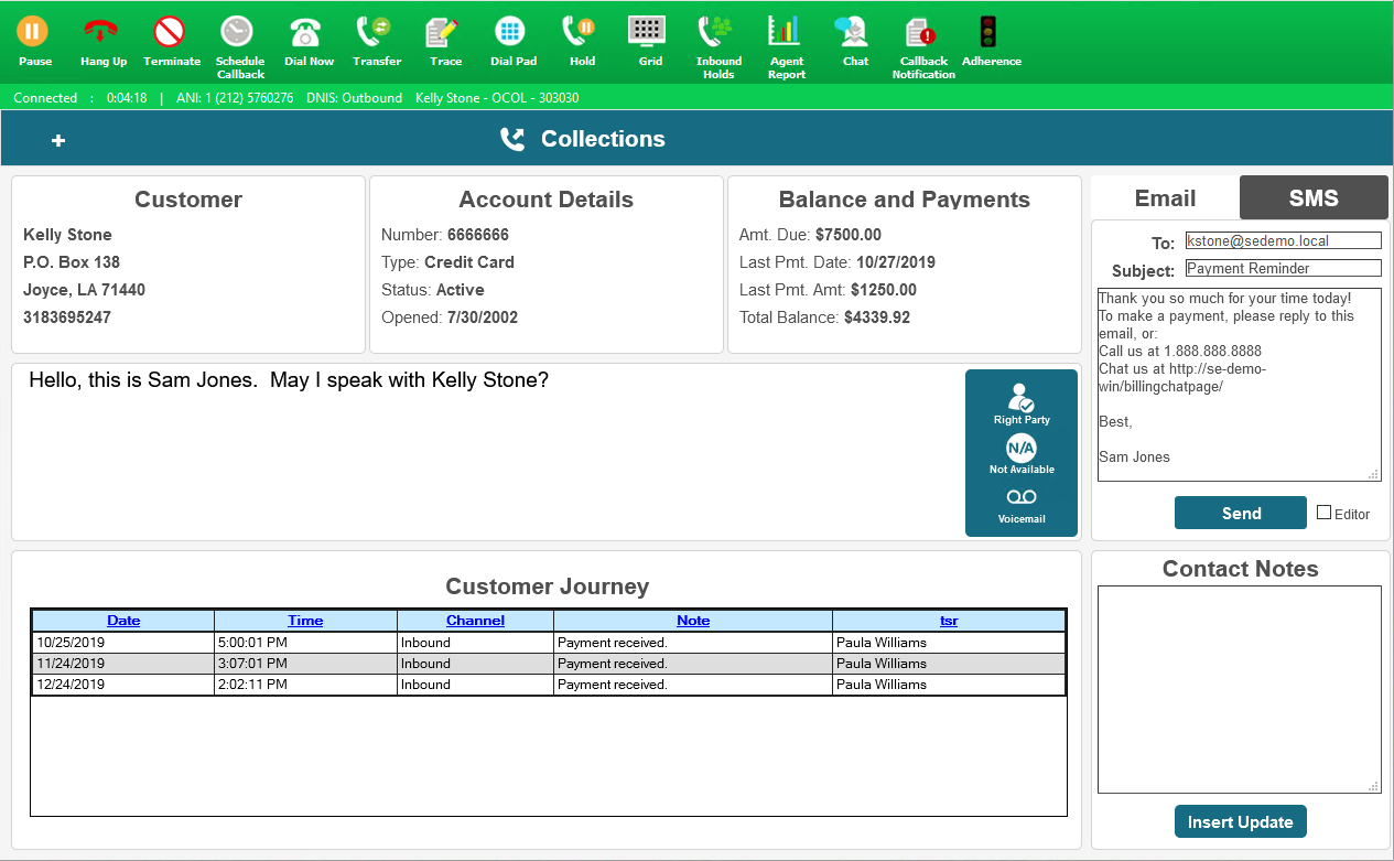Alvaria CX Suite screenshot: A CX View user is connected to a call.  While the top green bar contains contact controls, the agent presentation and scripting screen itself is presented as-designed by site management using the CX Suite View Designer.