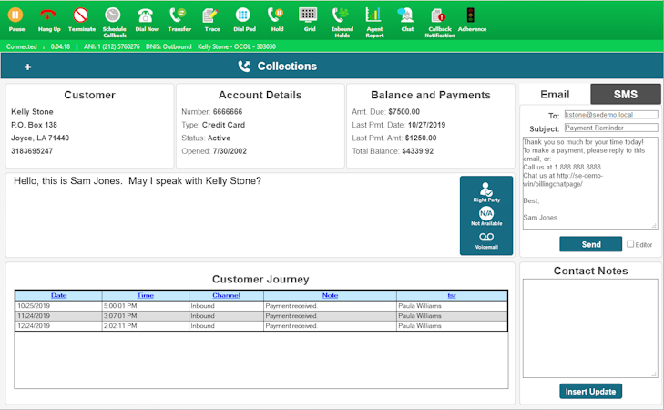 Alvaria CX Suite screenshot: A CX View user is connected to a call.  While the top green bar contains contact controls, the agent presentation and scripting screen itself is presented as-designed by site management using the CX Suite View Designer.