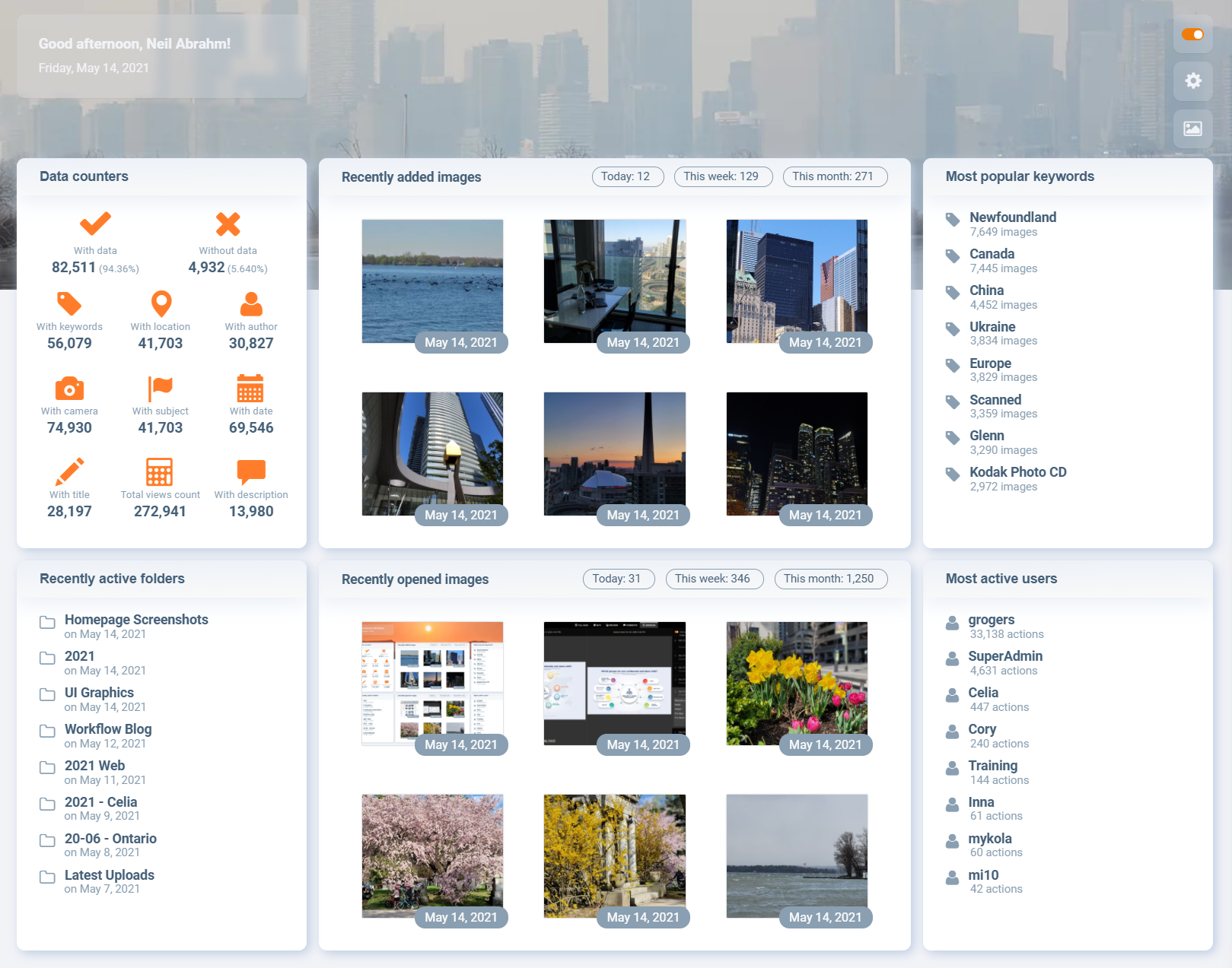 DBGallery screenshot: The Dashboard provides an overview the collection.  It includes overall stats as well as recent activity, which are live links to immediately return to.  The ‘widgets’ that are shown are configurable using drag and drop.
