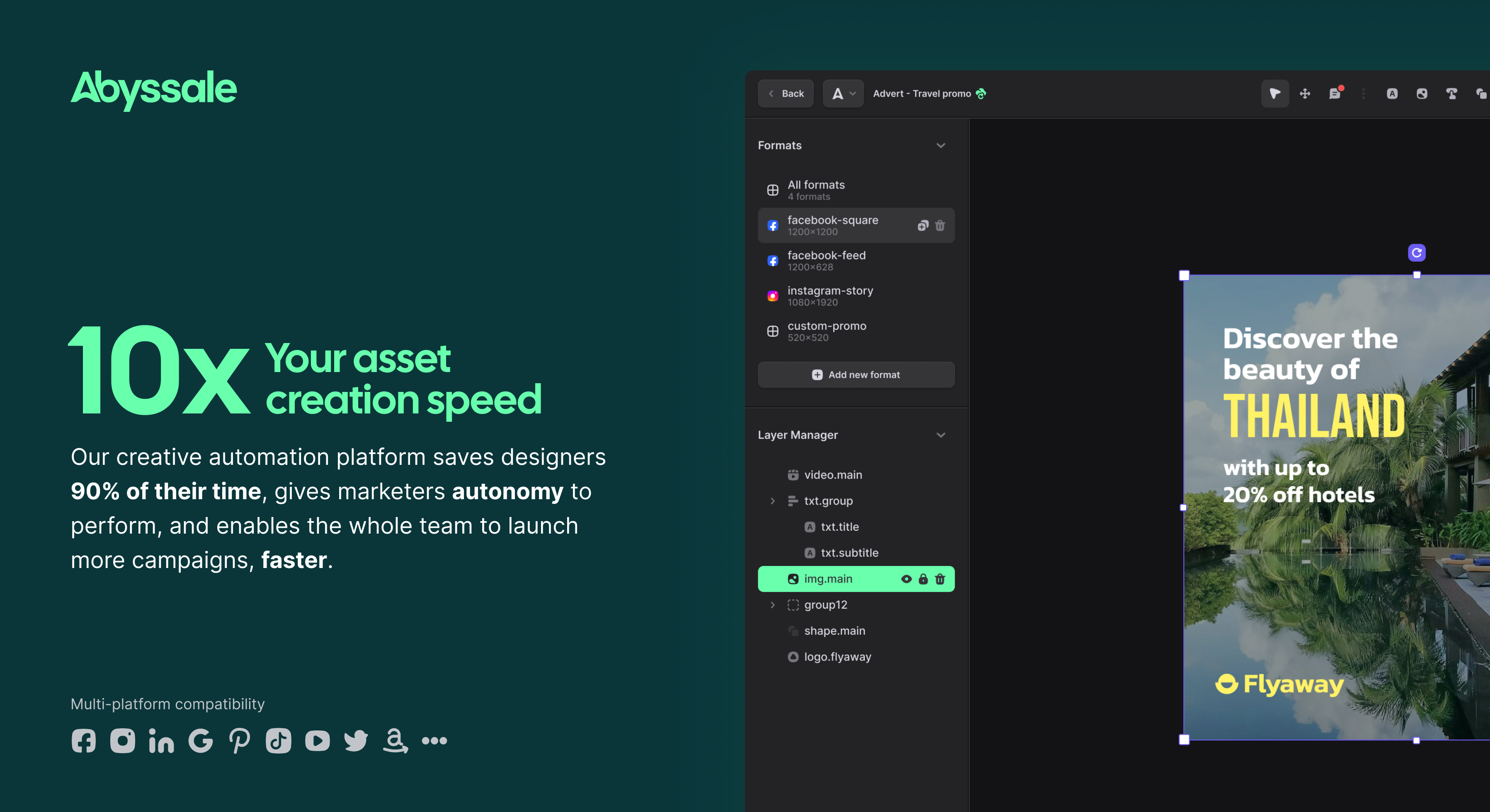 Abyssale screenshot: Meet Abyssale, the platform that reimagines creative production. Design once, adapt everywhere, and automate repetitive tasks. Our users create and manage thousands of visuals daily with a few clicks.