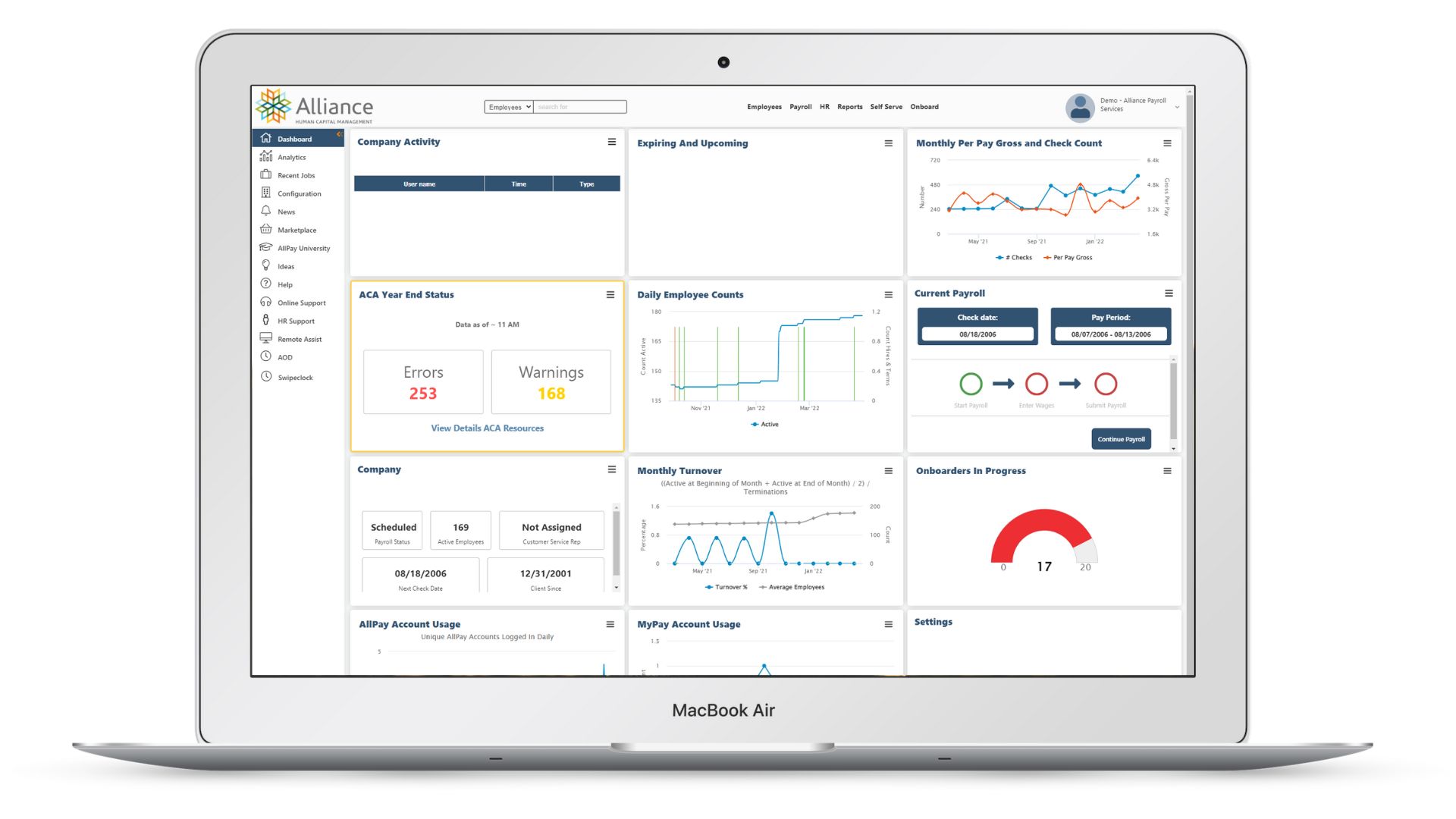 AllianceHCM screenshot: Dashboard of AllPay, the solution for managers, HR, and payroll experts from AllianceHCM