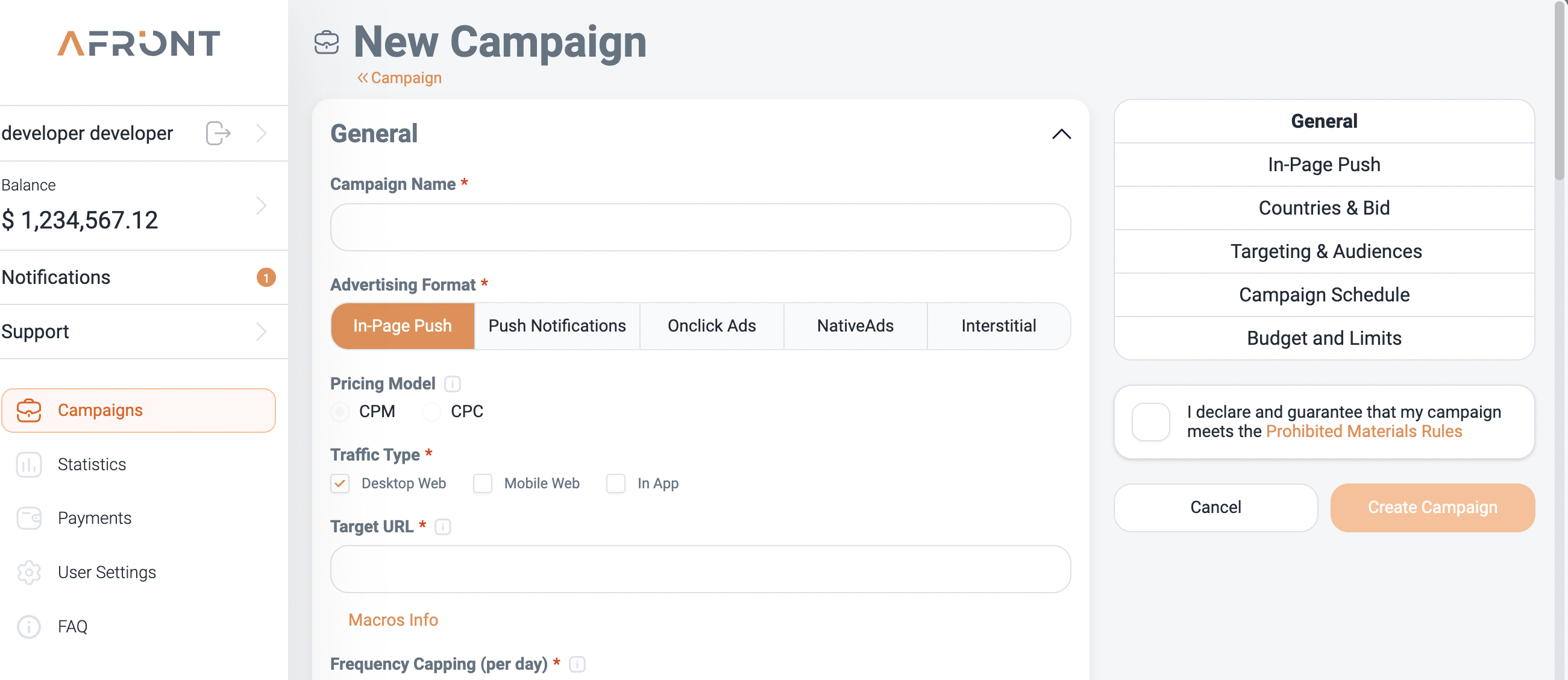 Campaign Page - create your Campaign, add creatives and grow up