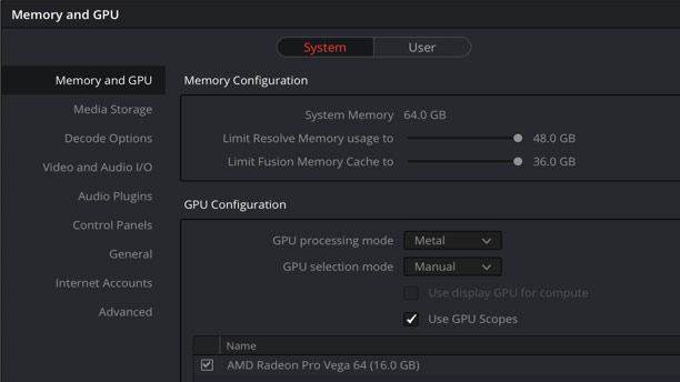 DaVinci Resolve Software - DaVinci Resolve memory and GPU configuration