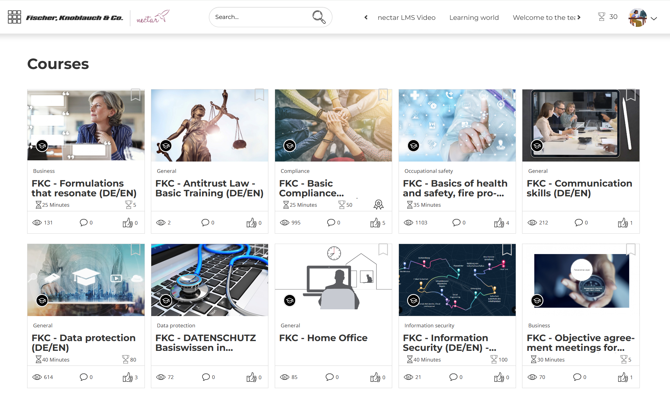 nectar LMS screenshot: The course overview in nectar LMS helps learners easily browse learning units. An easily navigable tile layout with categories, progress, and ratings offers quick insights, while visual previews and filters make it simple to find and start relevant units.