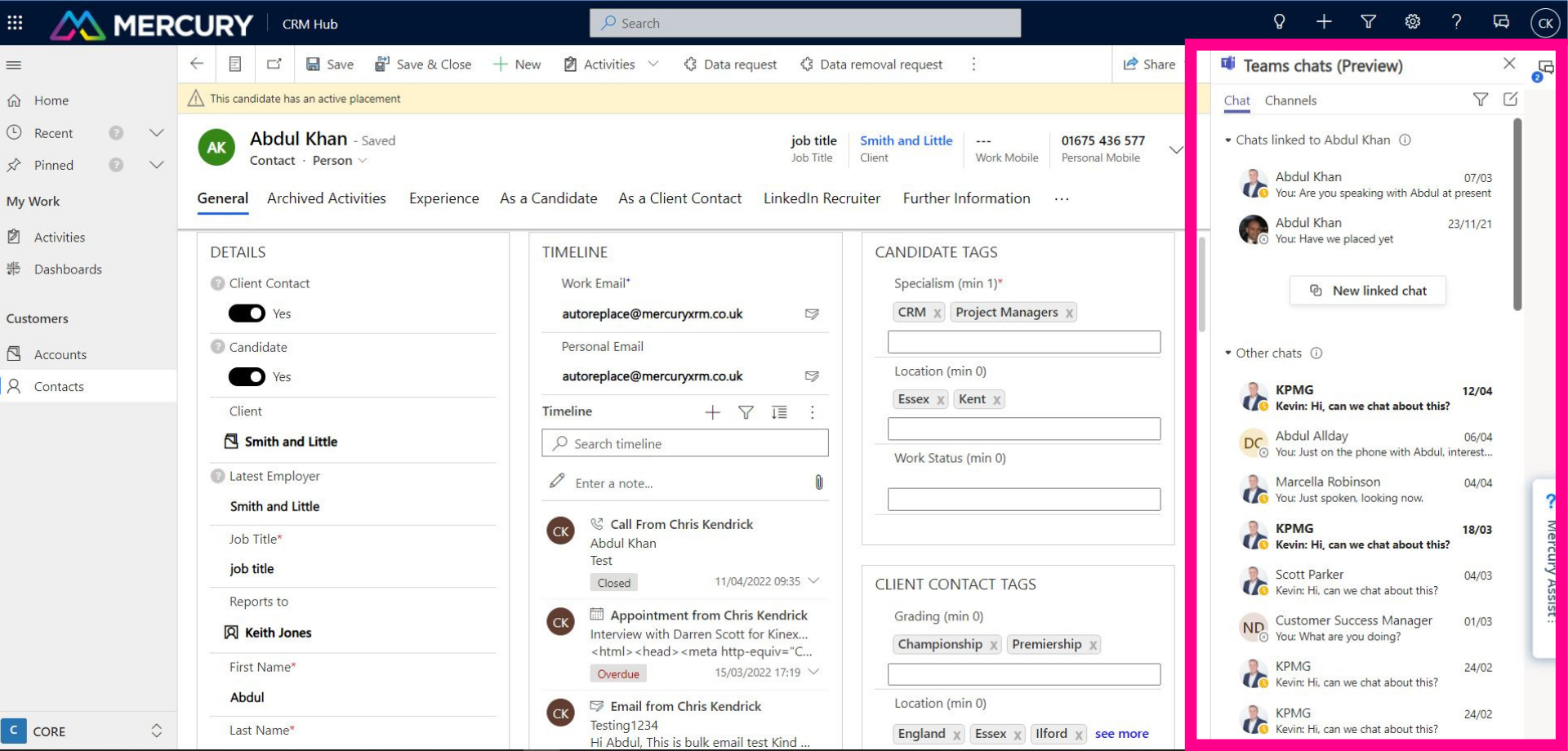 use Microsoft Teams WITHIN your Mercury CRM. Collaborate with your team at a click of a button, and all linked communications are synced to the relevant CRM record!