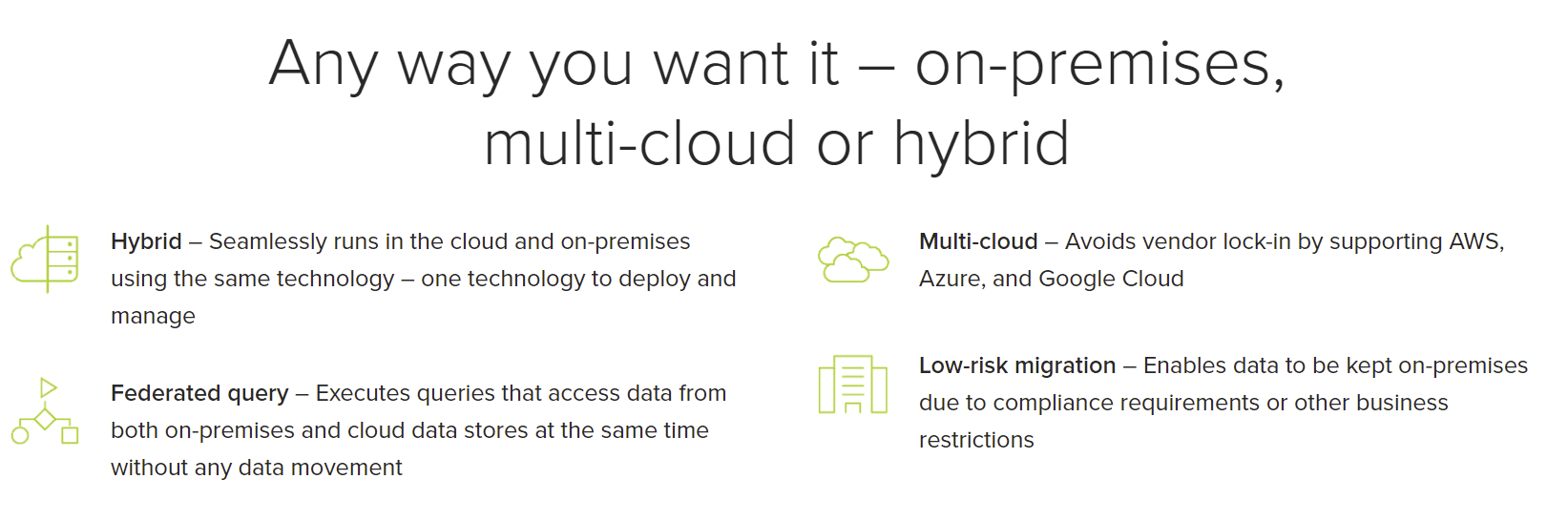Actian Data Platform screenshot: Avalanche runs on premises, in the cloud or in a hybrid environment. Avoids vendor lock-in by supporting AWS, Azure, and Google Cloud. Offers federated query and low-risk migration.