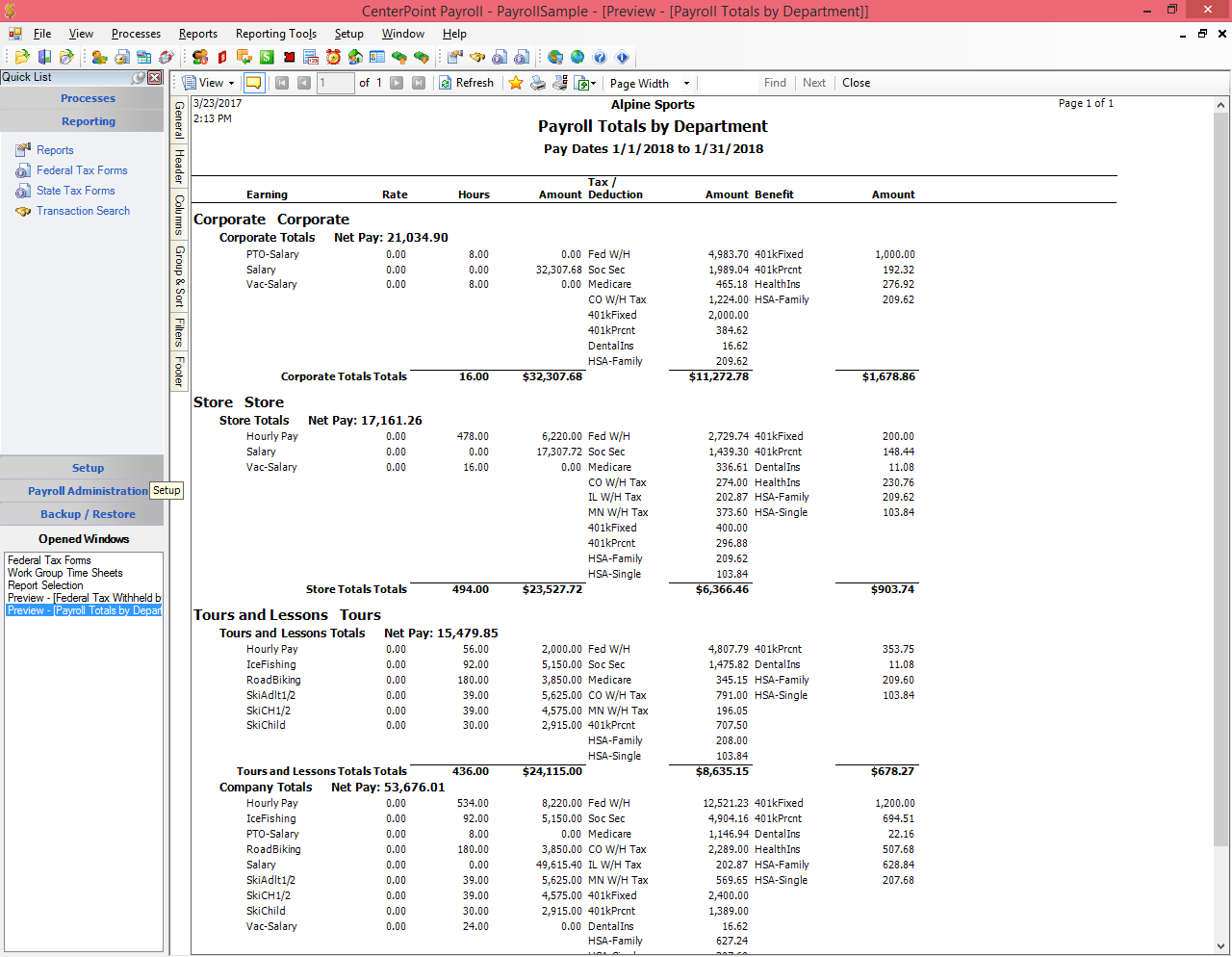 Payroll Totals by Dept. Report