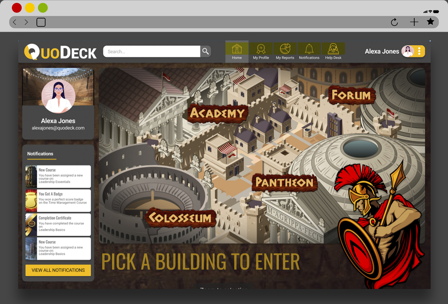 Courseware Desktop view of QuoDeck platform featuring categories in Gladiator story theme