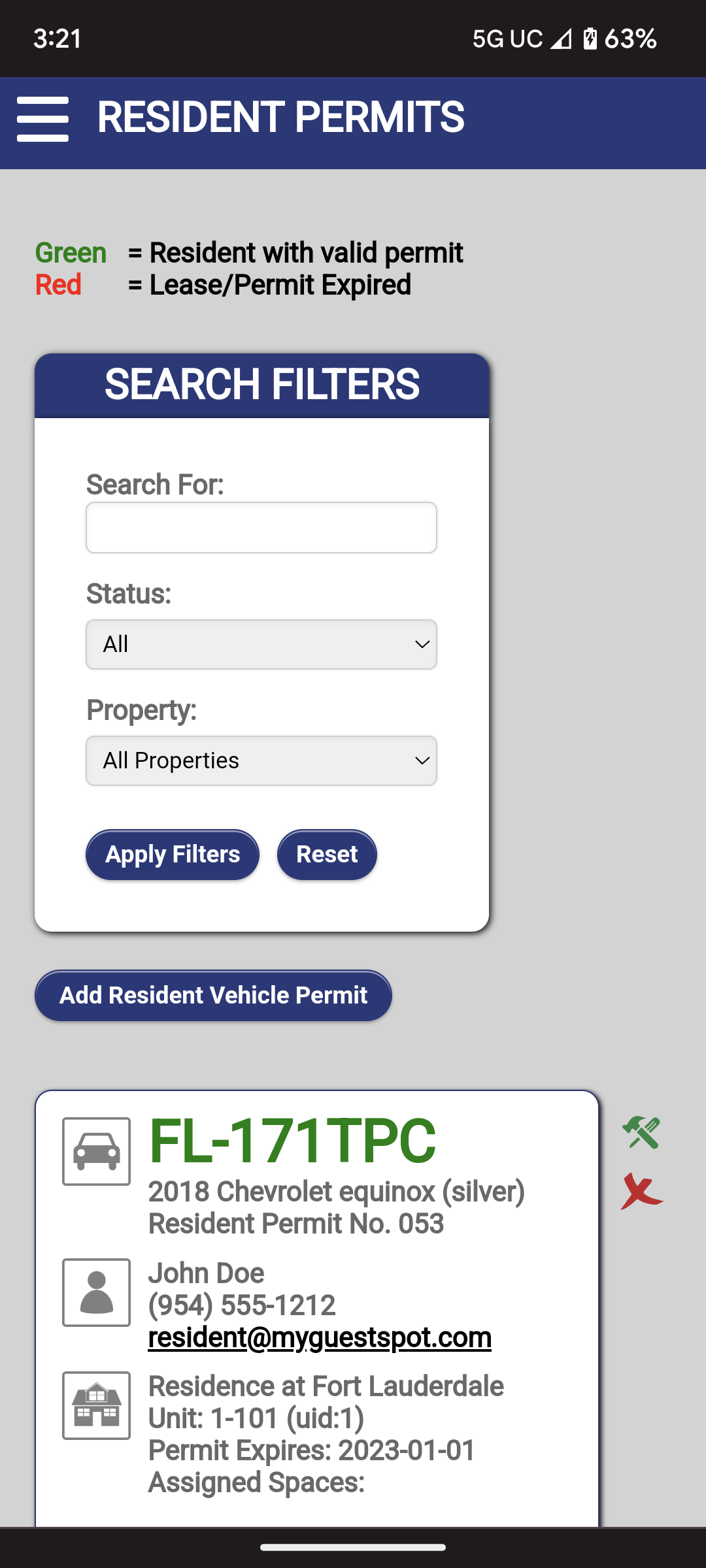 MyGuestSpot screenshot: The cloud based MGS interface is fully mobile giving the user full access to the suite of parking management tools and data at their fingertips.  In the "Resident Permits" menu you can view all resident permitting actions, current and expired.