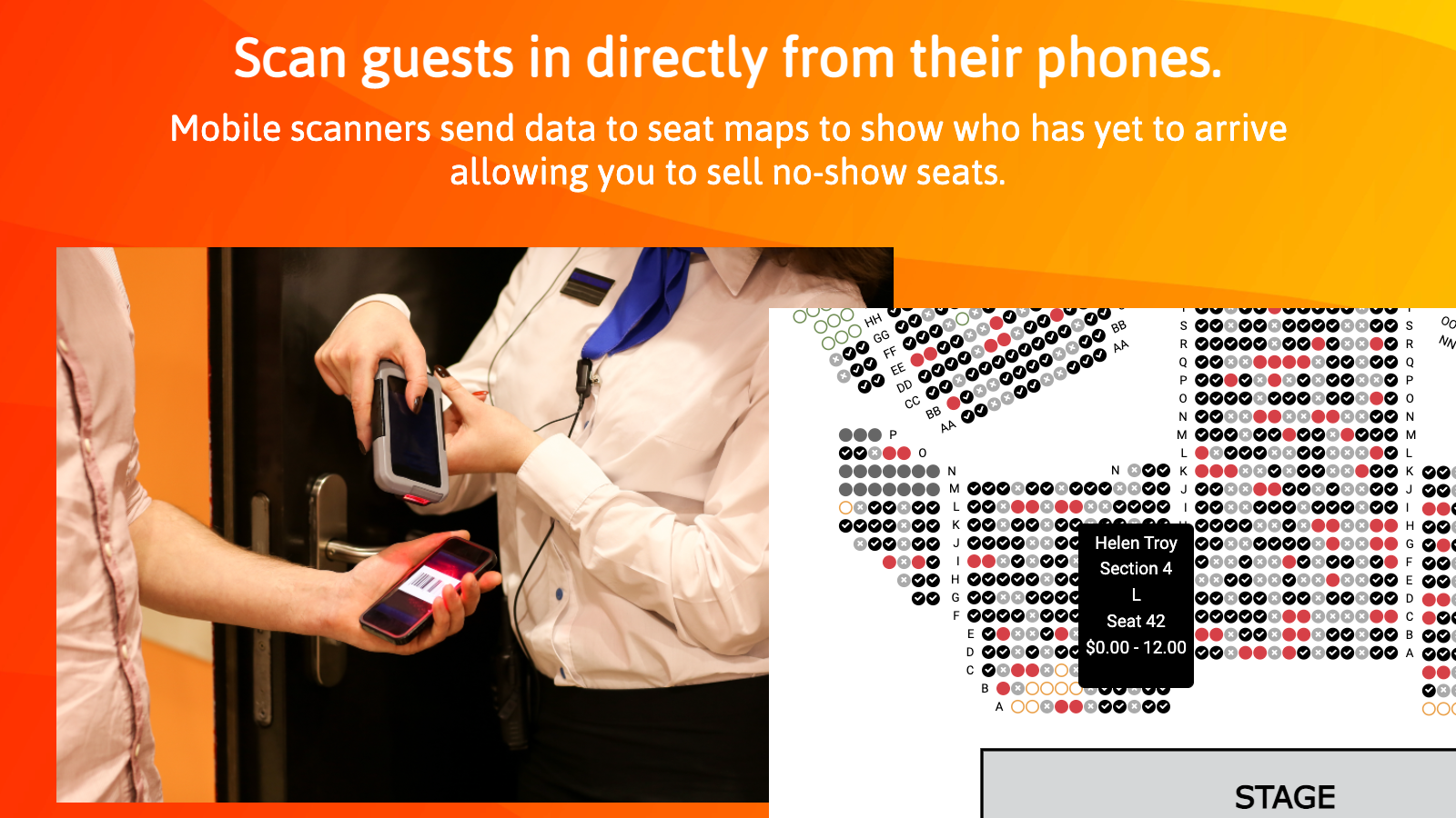 ThunderTix Software - Streamline your checkin process by scanning tickets using our iOS or Android Apps. See real-time updates to your seating chart showing which seats have not checked in.