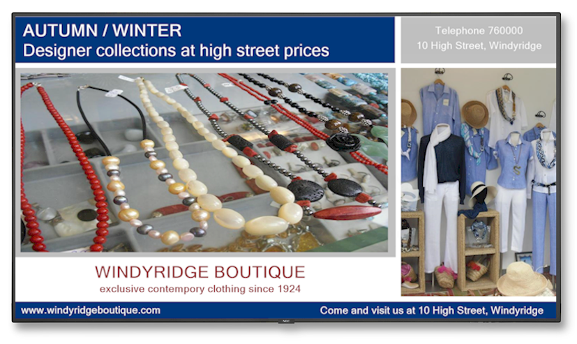 Promoting  high street shops with simple to use Repeat Signage digital signage software. Templates allow images, text and RSS news feeds to be quickly added which are played on display screens in shops and shopping centres.