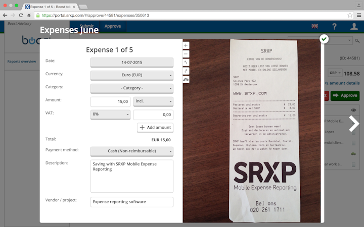 SRXP screenshot: Scroll through the online expense reports to make sure every expense is justified