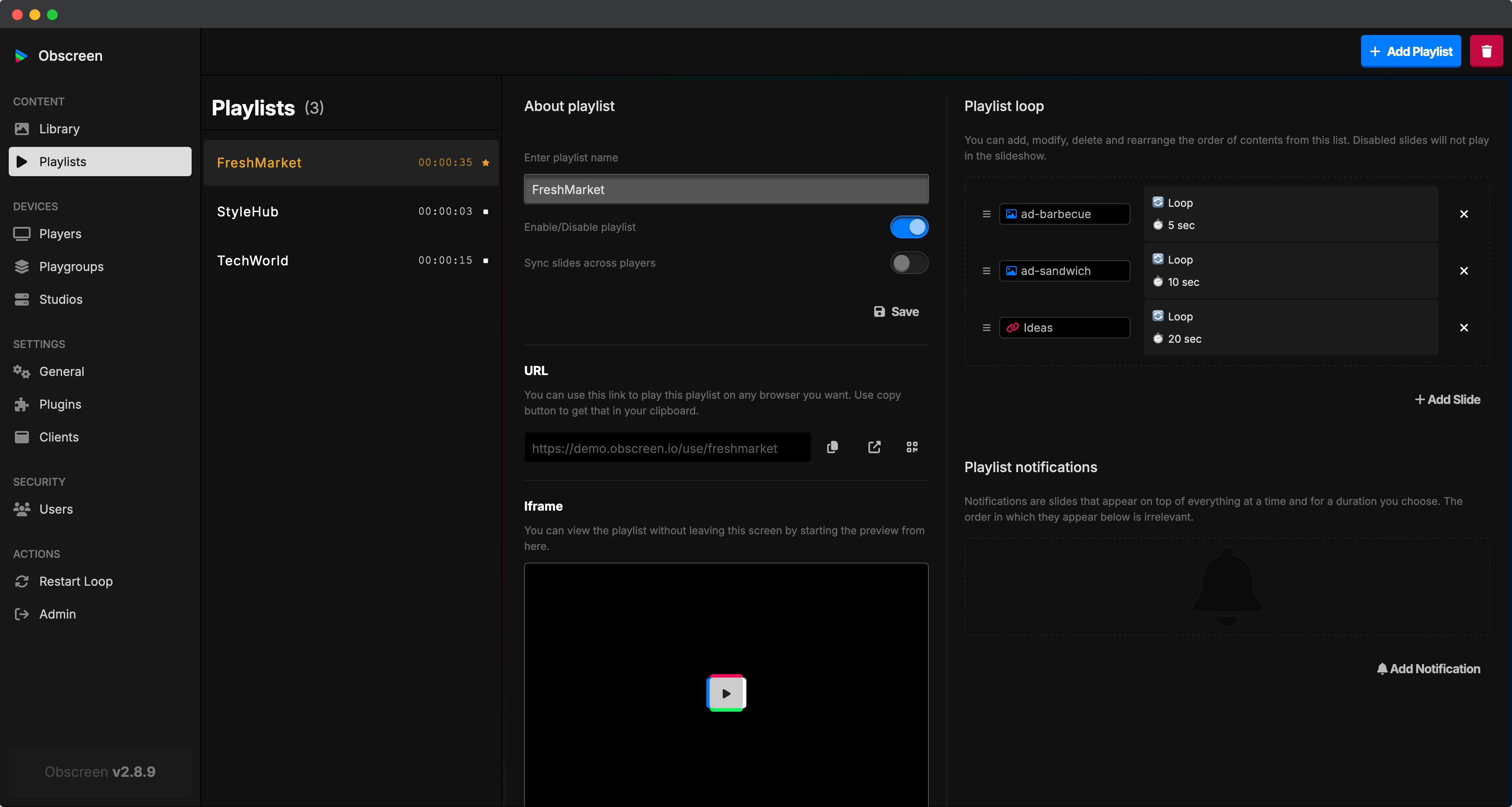 Obscreen screenshot: Organize and manage your playlist easily