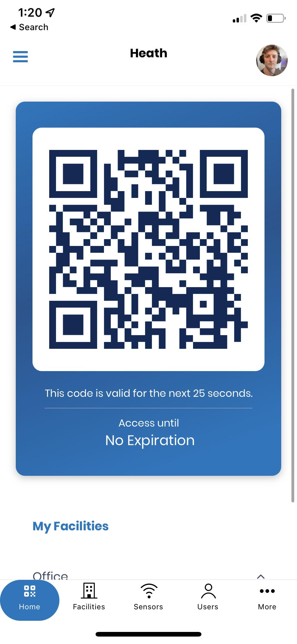 IOS Screenshot - Home Tab Mobile Credential: A user must present the QR code to the door sensor to gain admission to the access point using single-factor access. When using multi-factor access, the user must next present their face to be granted access.