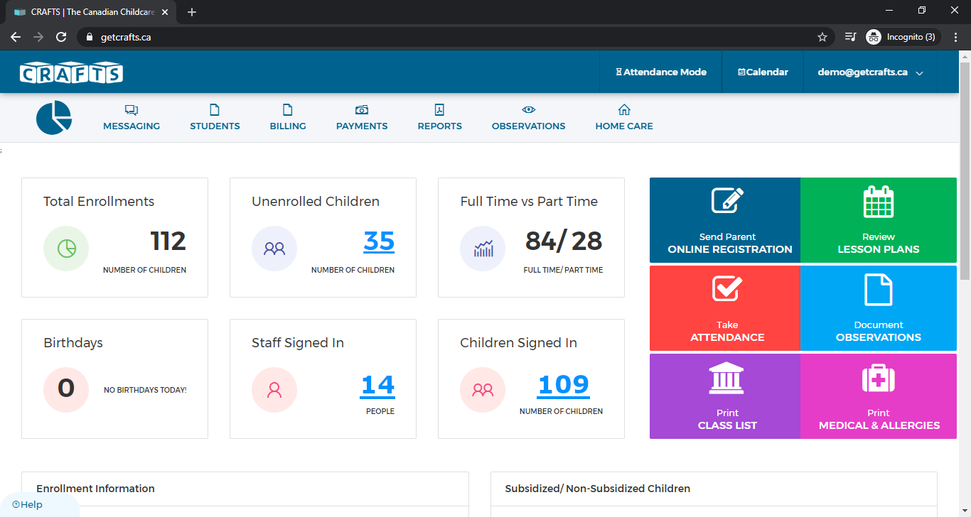 CRAFTS childcare software features a well-designed dashboard that provides users with a centralized and intuitive interface to manage various aspects of childcare administration efficiently. 