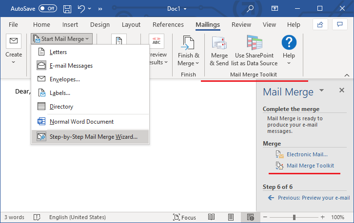 Mail Merge Toolkit in Microsoft Word ribbon