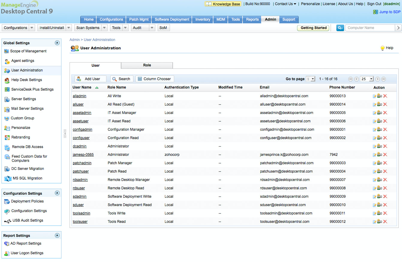 Desktop Central user administration