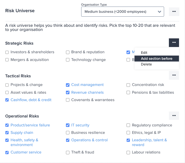 GOAT Risk Software - Risk Universe - Use GOAT's editable Risk Universe to create and maintain a standardised and relevant risk taxonomy for the faster creation of comprehensive risk profiles.