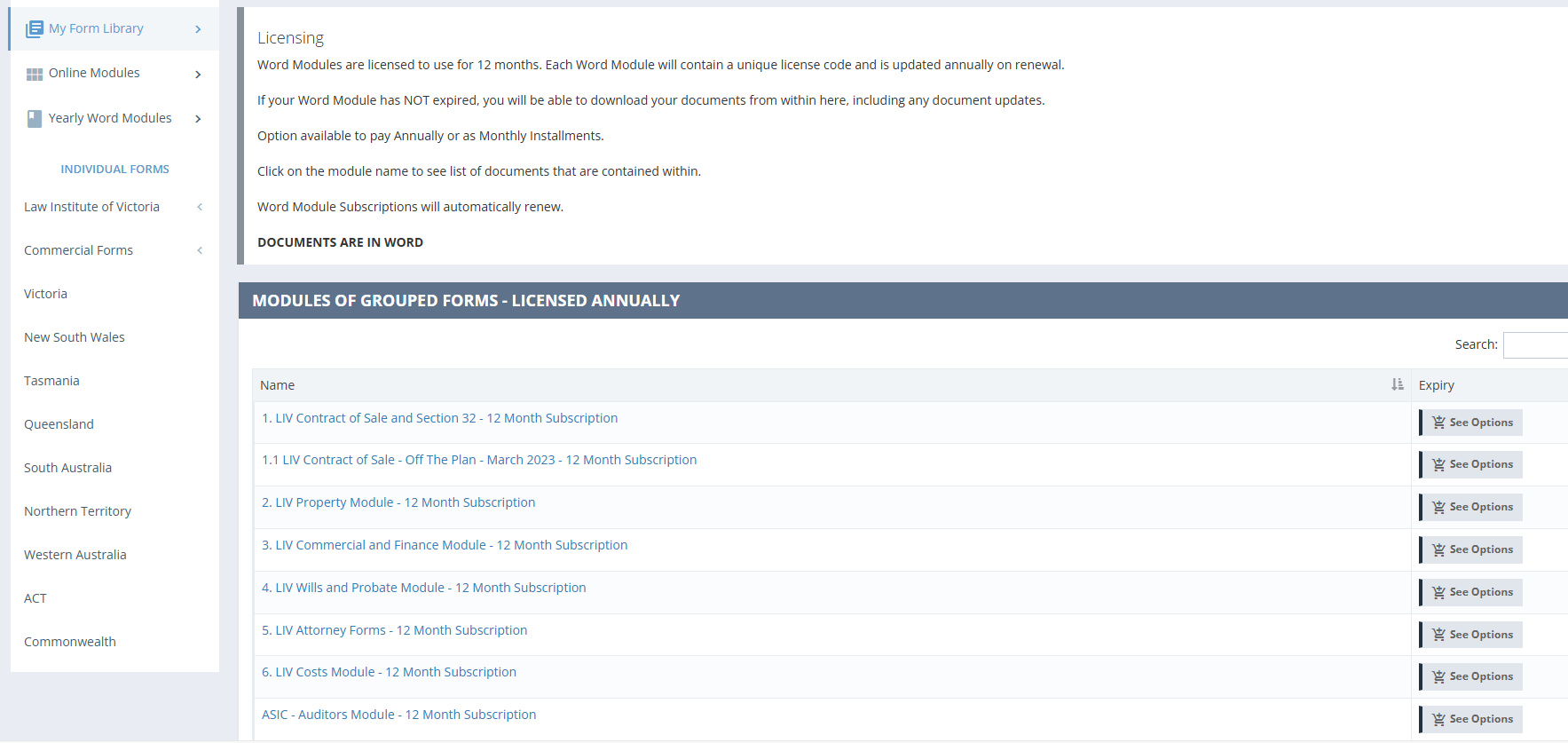 eLawforms screenshot: eLawforms form library