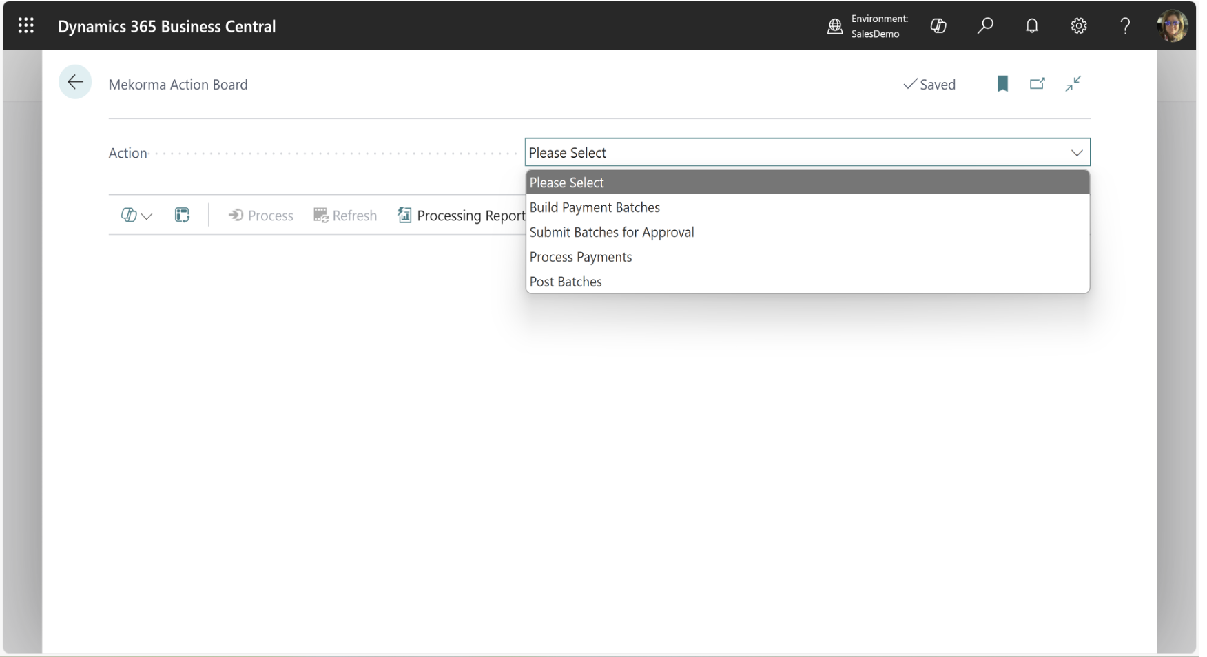 Mekorma Payment Hub screenshot: Mekorma Payment Hub action board