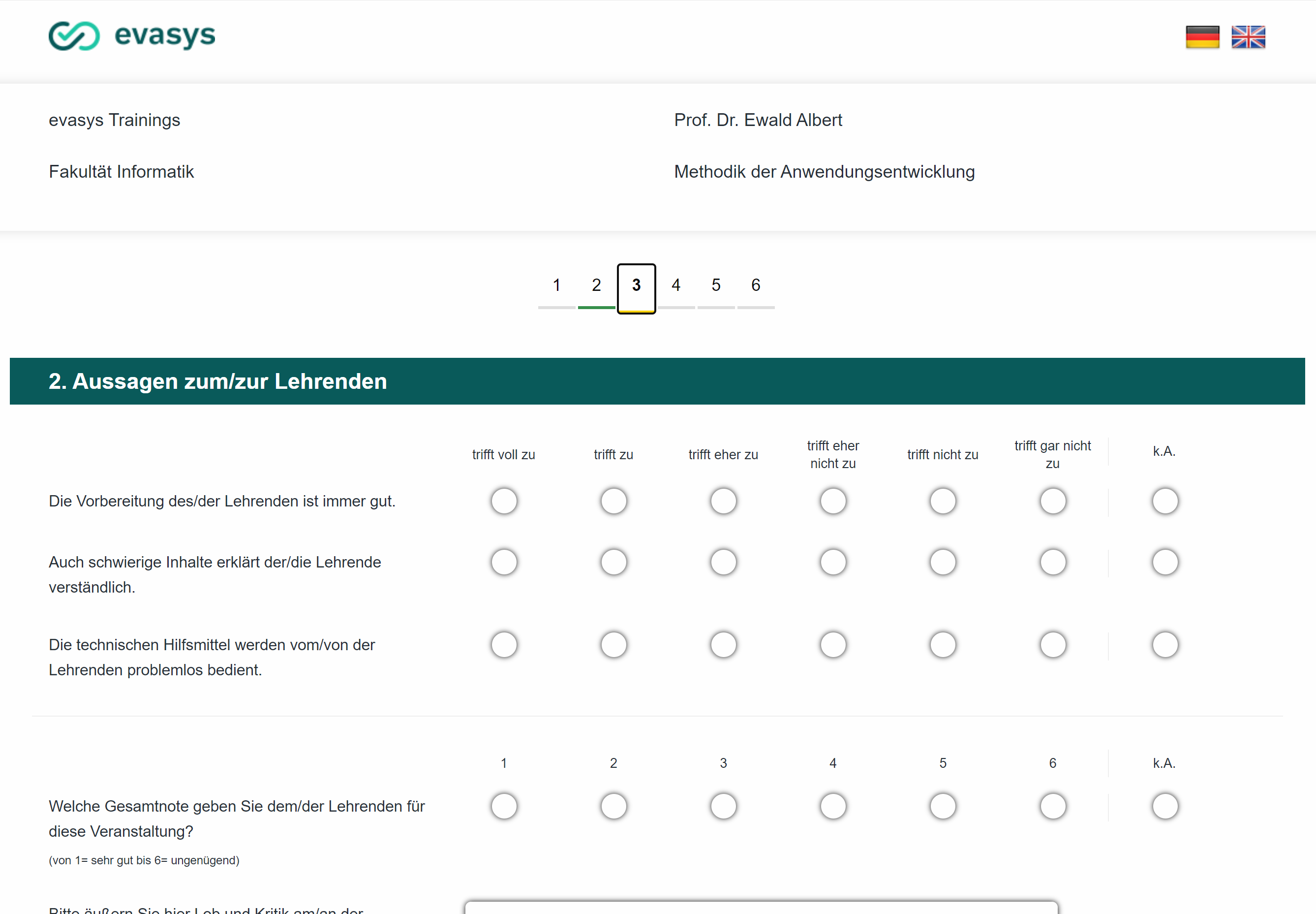 evasys screenshot: Mehrsprache Onlineumfrage mit flexibler Gestaltung
