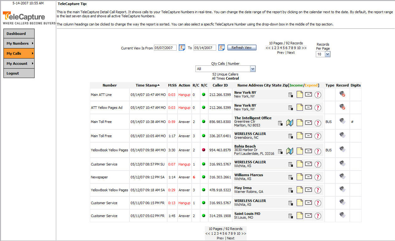 TeleCapture Software - View call logs which includes data on the caller number, address, caller ID, action taken, and more