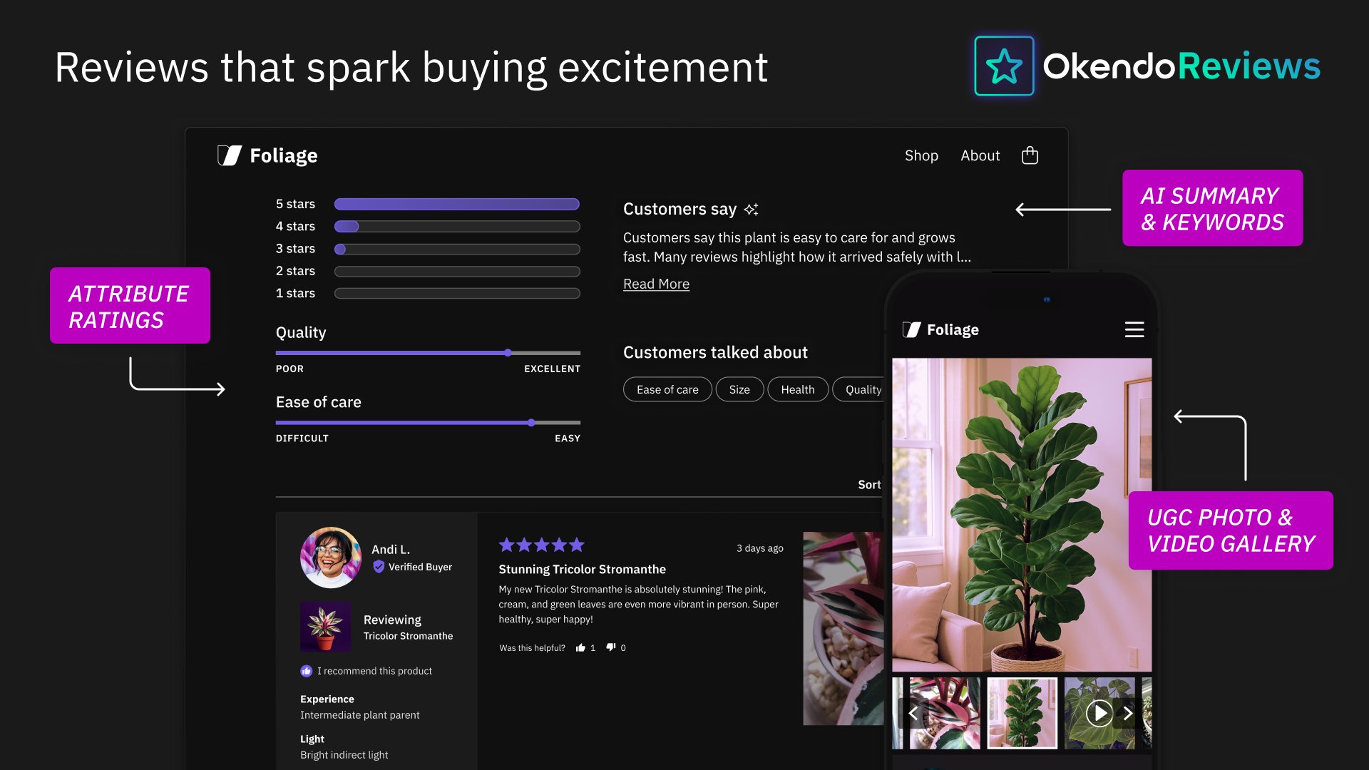 Okendo screenshot: Okendo Reviews allows brands to capture product ratings, photos, and videos directly on-site, with customizable display options and moderation tools to manage authenticity and compliance.