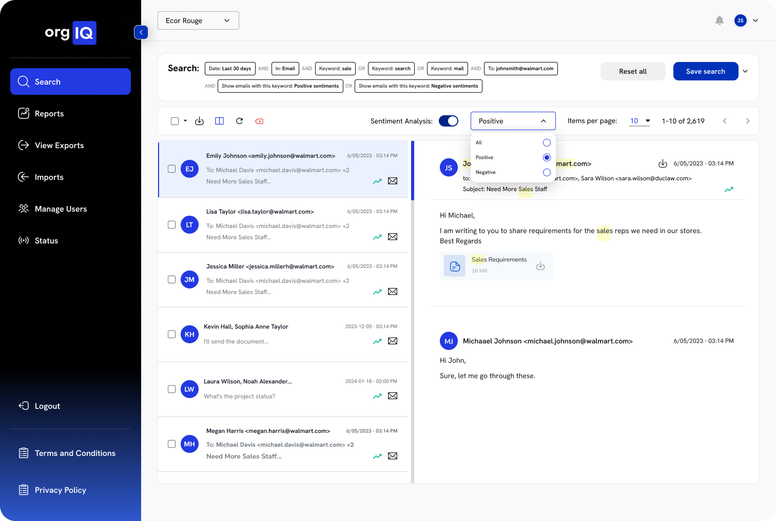Org IQ screenshot: Layer filters like sender, keyword, team, and date to zero in on the exact conversation you need, no thread digs required. See results and email previews in one clean, focused view.