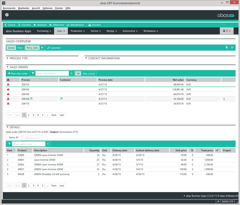 abas ERP Software - Users can view details for each sales order, including estimated delivery dates, in abas ERP