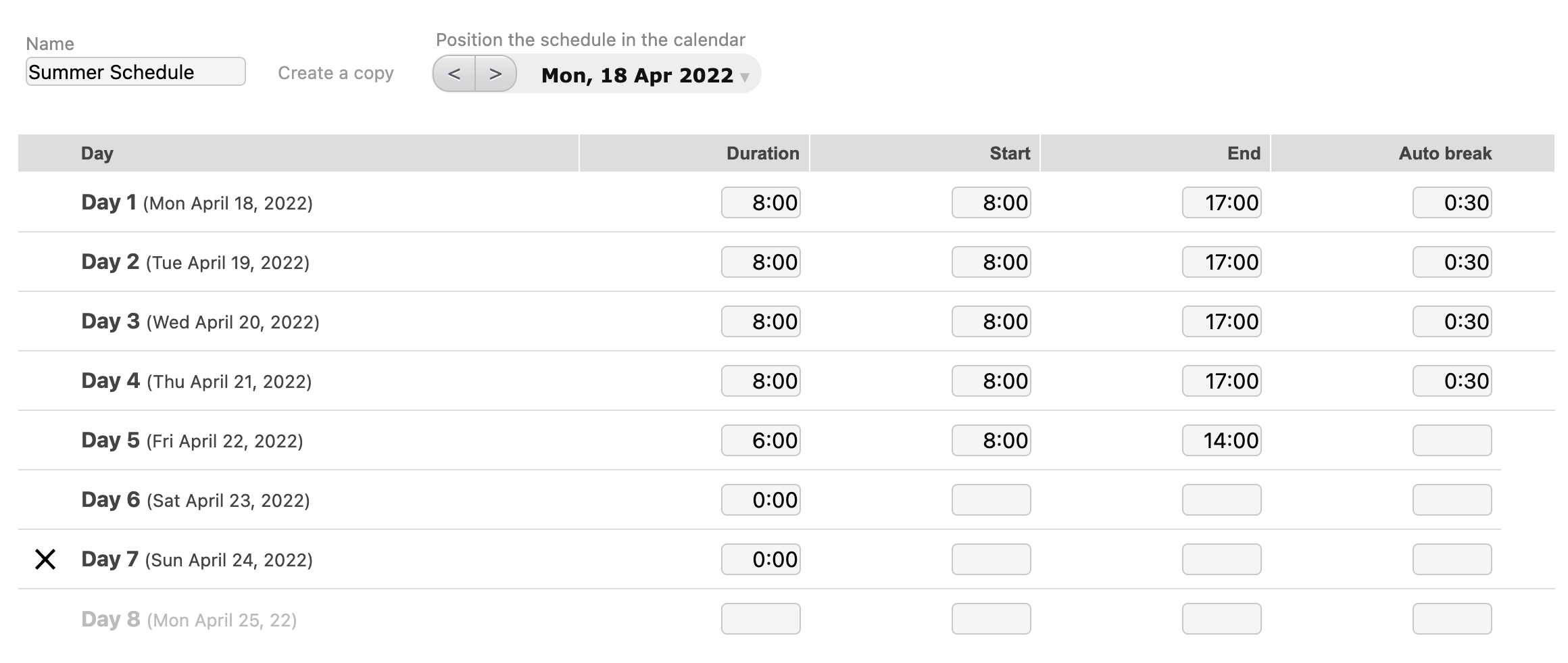 Beebole Project Time Tracking Software - Create and assign working schedules including start and end times, total duration, and breaks.