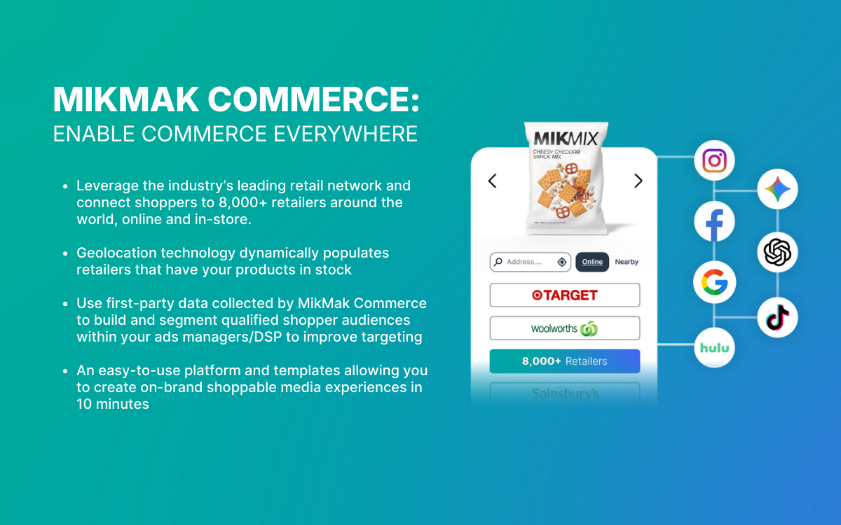 MikMak screenshot: A seamless path to checkout at any in-stock retailer across your entire media mix—from social, retail media, and brand sites to search, CTV, display, and QR codes—powered by AI to ensure inventory accuracy and optimize the purchase journey.