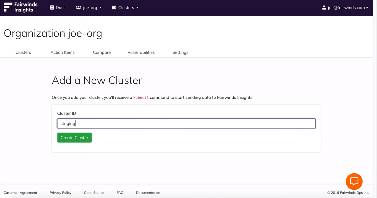 Fairwinds Insights Software - Fairwinds Insights add cluster