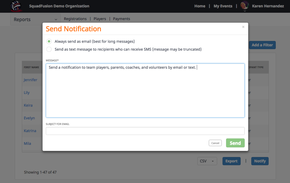 SquadFusion Software - Users can send out notifications to parents and members by email and SMS