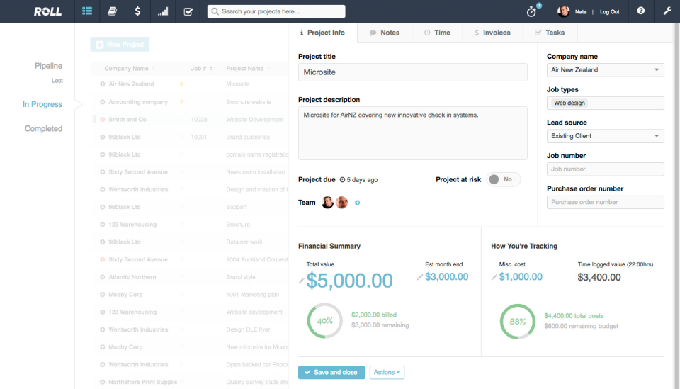 Manage projects with assigned teams, due dates and financial summaries