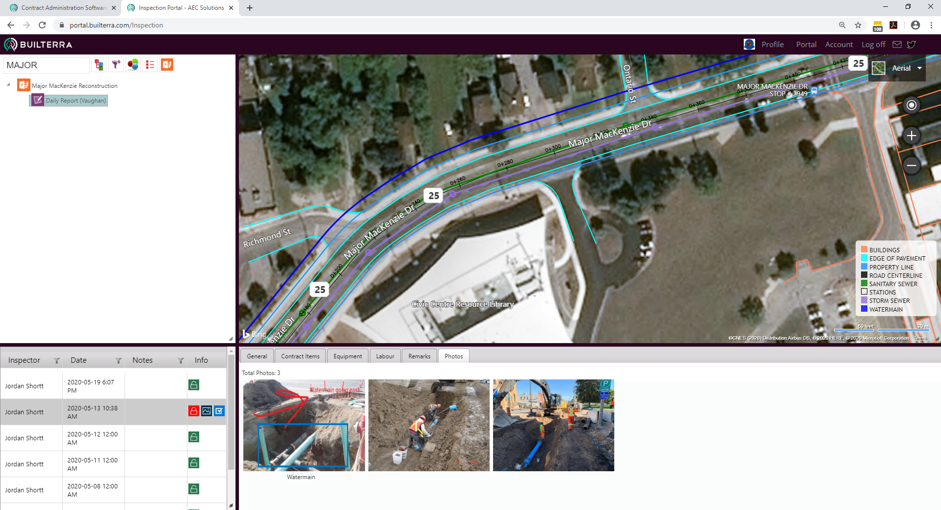 Builterra Software - Inspection Portal showing Daily Progress Reporting