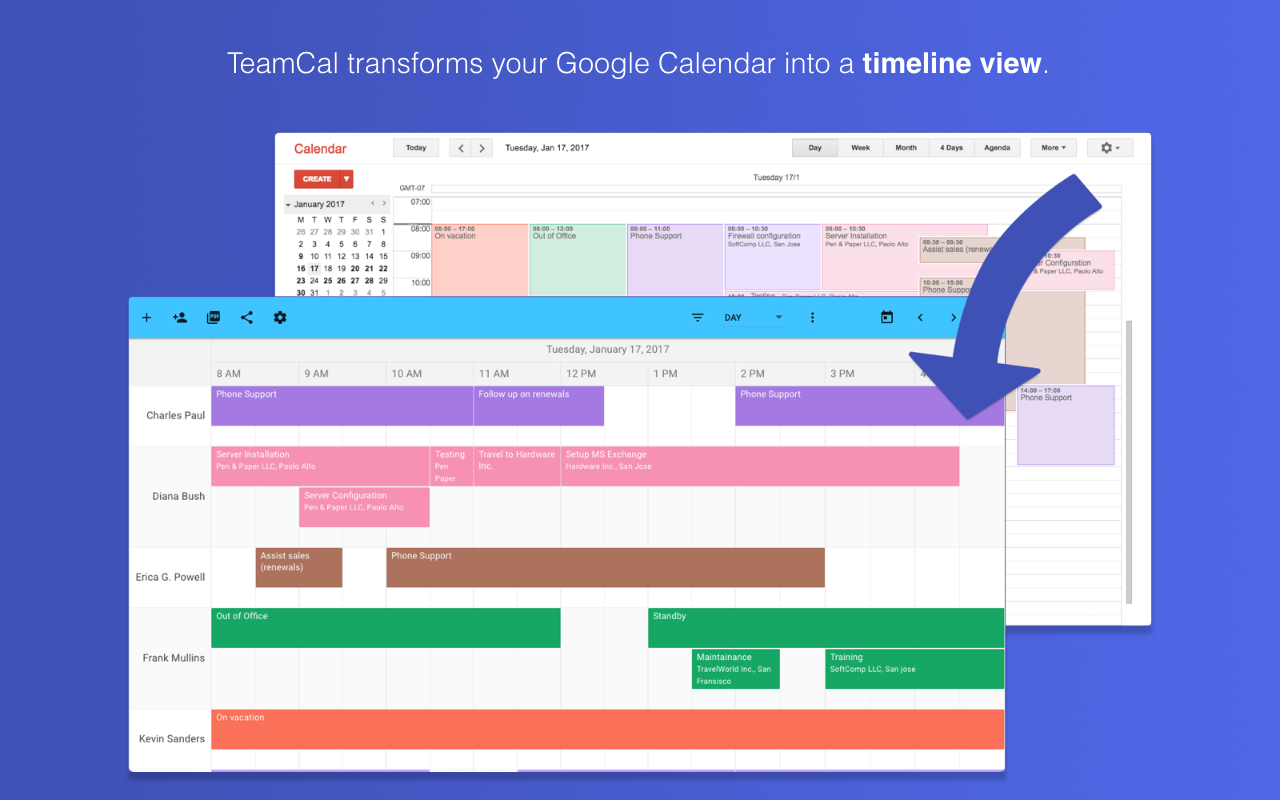 TeamCal transforms your Google Calendar into a timeline view