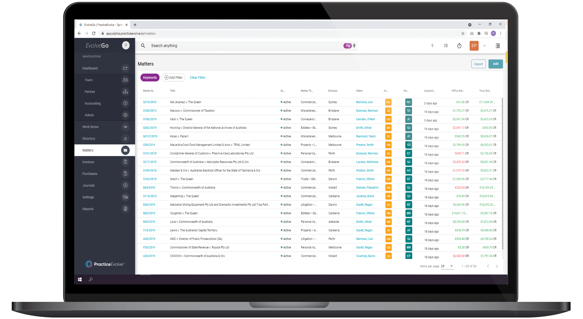PracticeEvolve screenshot: PracticeEvolve digital matter management