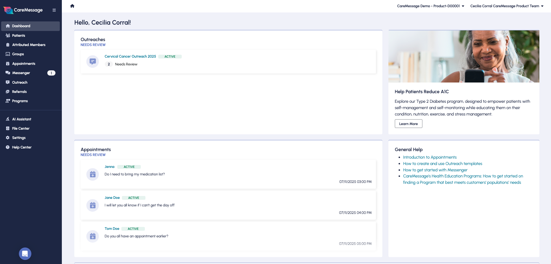 CareMessage screenshot: The CareMessage home page allows you to quickly find any messages that need review as well as get support from our team.