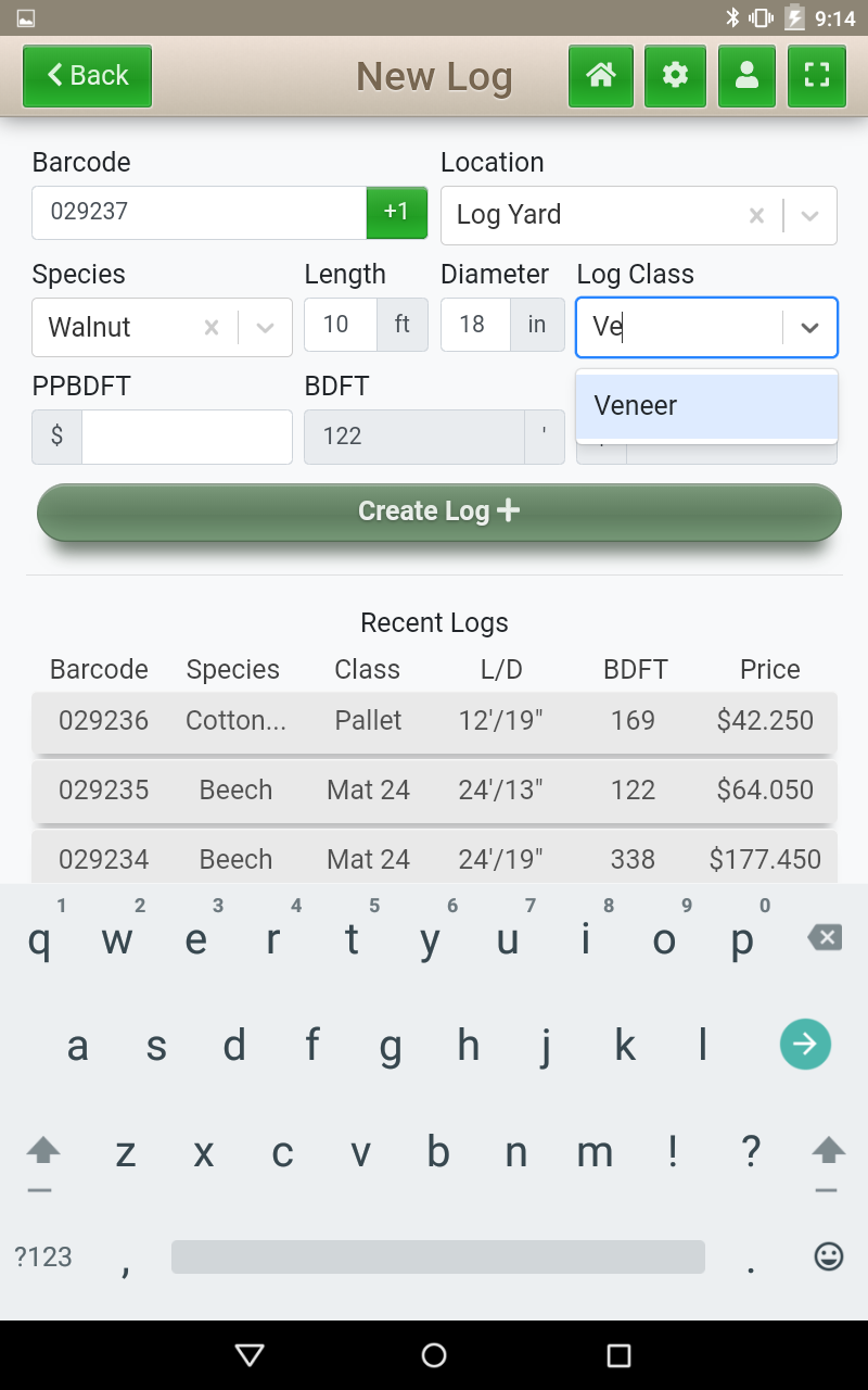 New Log Screen Log Class (Grade) entry