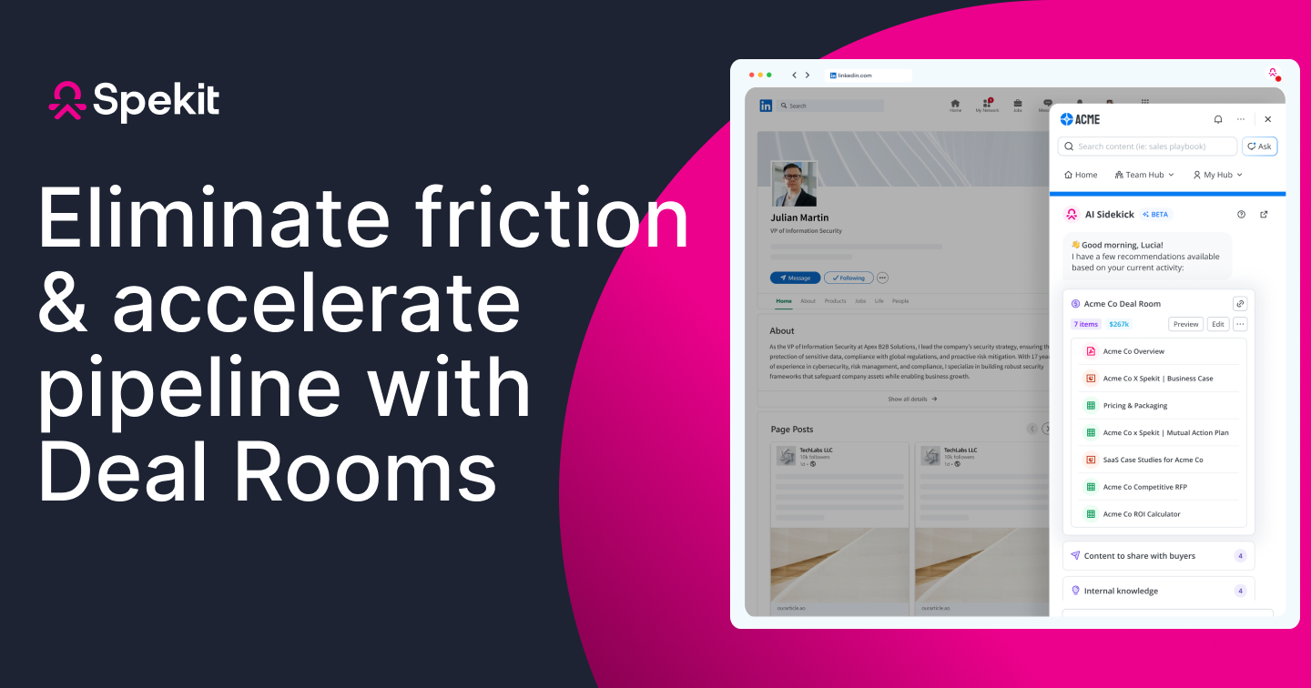 Spekit Software - Spekit Deal Rooms streamline the sales process by giving reps a single space to deliver the right content, engage buyers, and close deals faster with AI-driven insights.