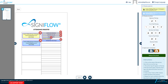 SigniFlow Software - Prepare your document fields in DocPrepper. Here, you set up your signer/approver signature & initial fields, as well as any form fields you may require, such as name & date, mandatory/non-mandatory open text fields, checkbox fields, and dropdown fields.