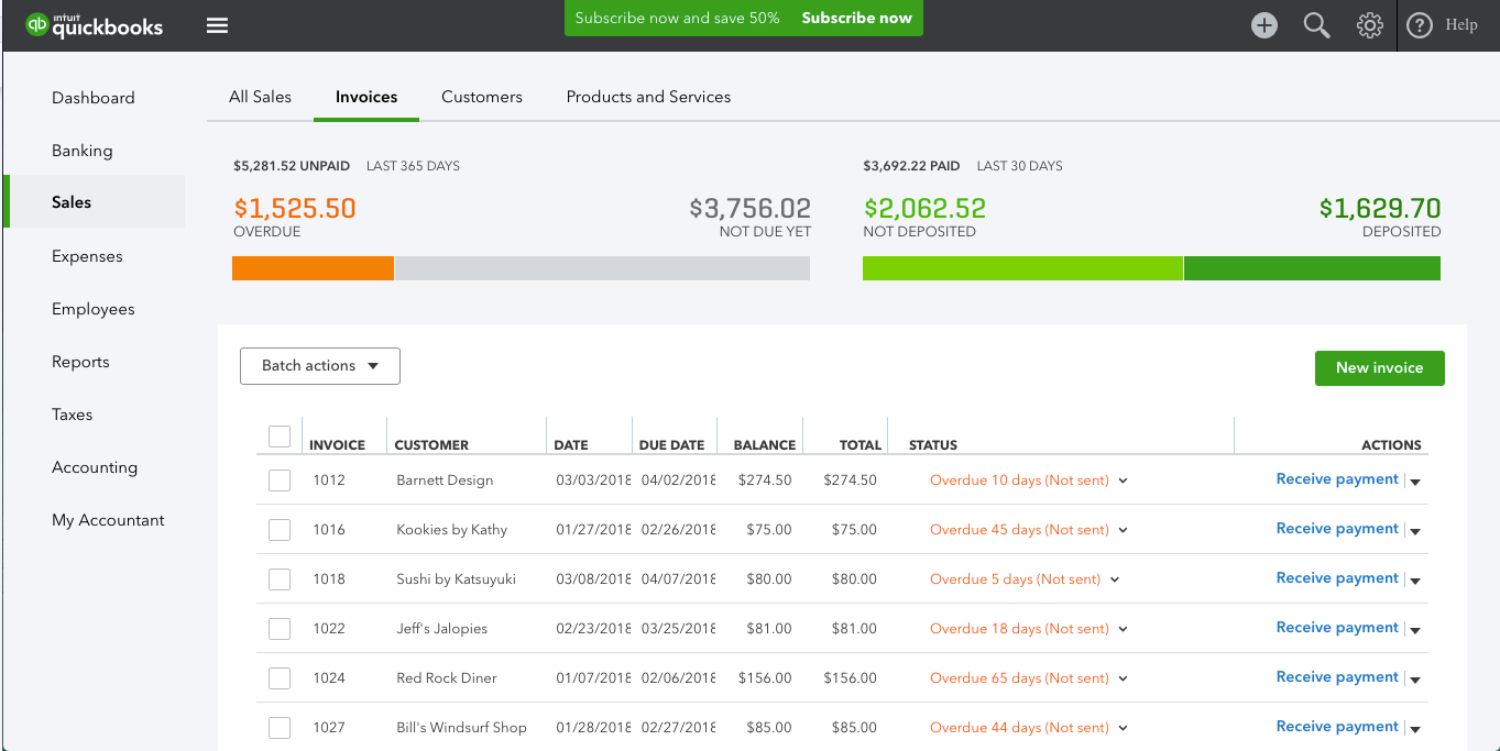 Quickbooks Online Software - Overdue and not-deposited invoices can be easily tracked