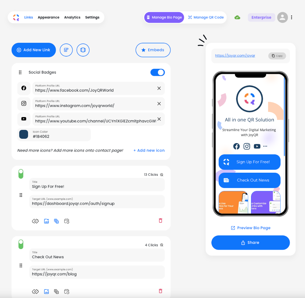 JoyQR Software - Build your Link in Bio page: Easily add and organize links to showcase your online presence.