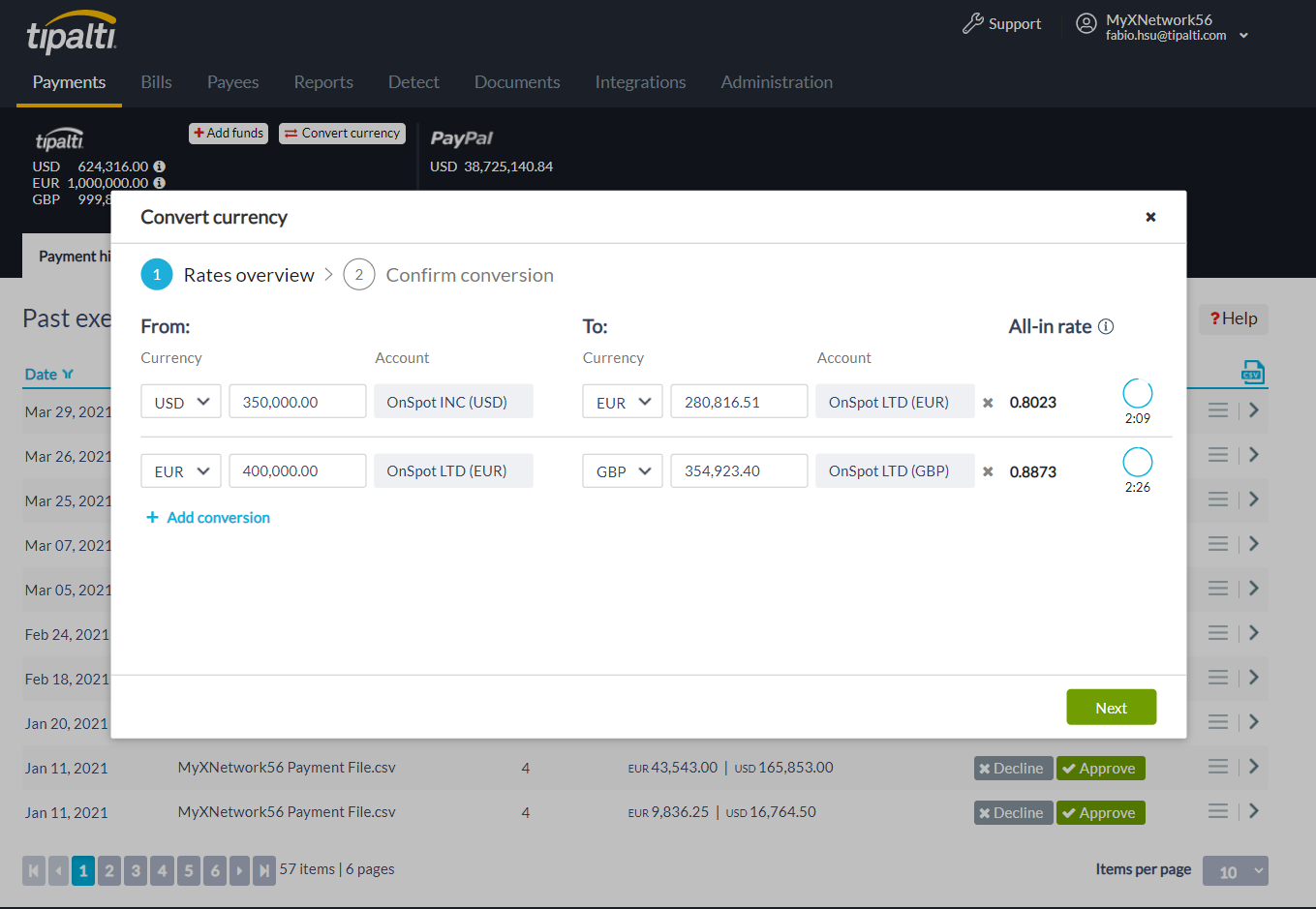 Tipalti Software - Tipalti Multi-FX: A built-in, easy to use, fully automated, self-service capability to convert currencies for funding Tipalti accounts. Access to Live and transparent exchange rates and track conversions status