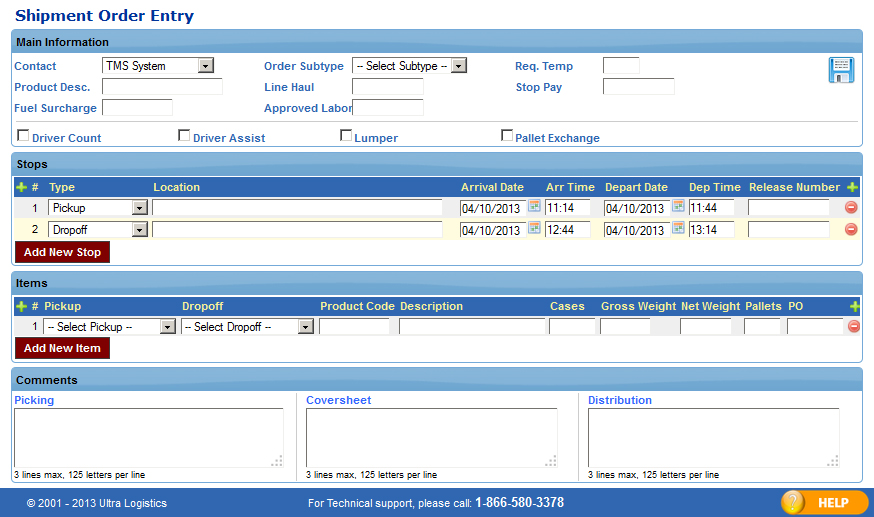 Order entry screen