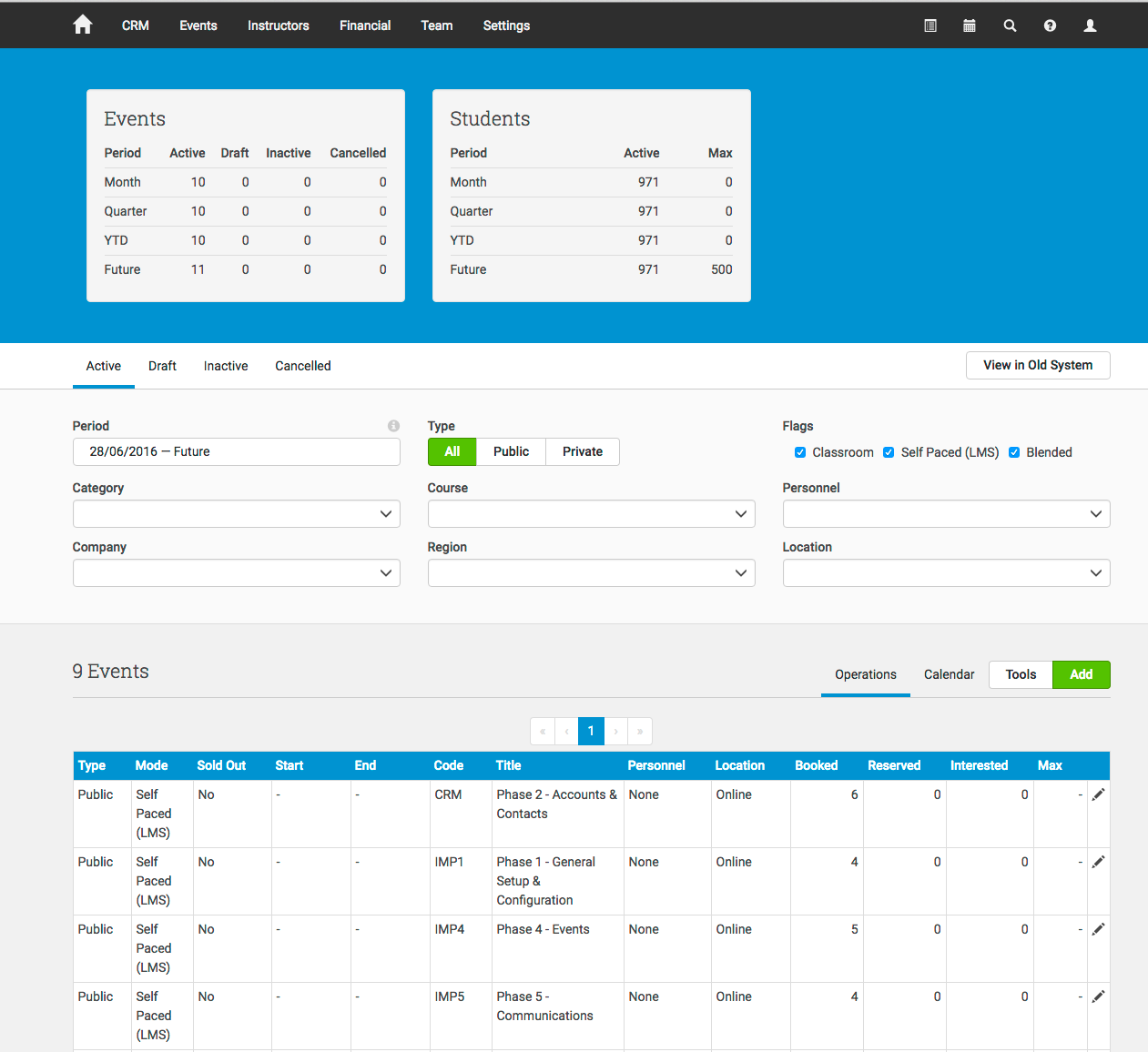 View, manage and edit training events