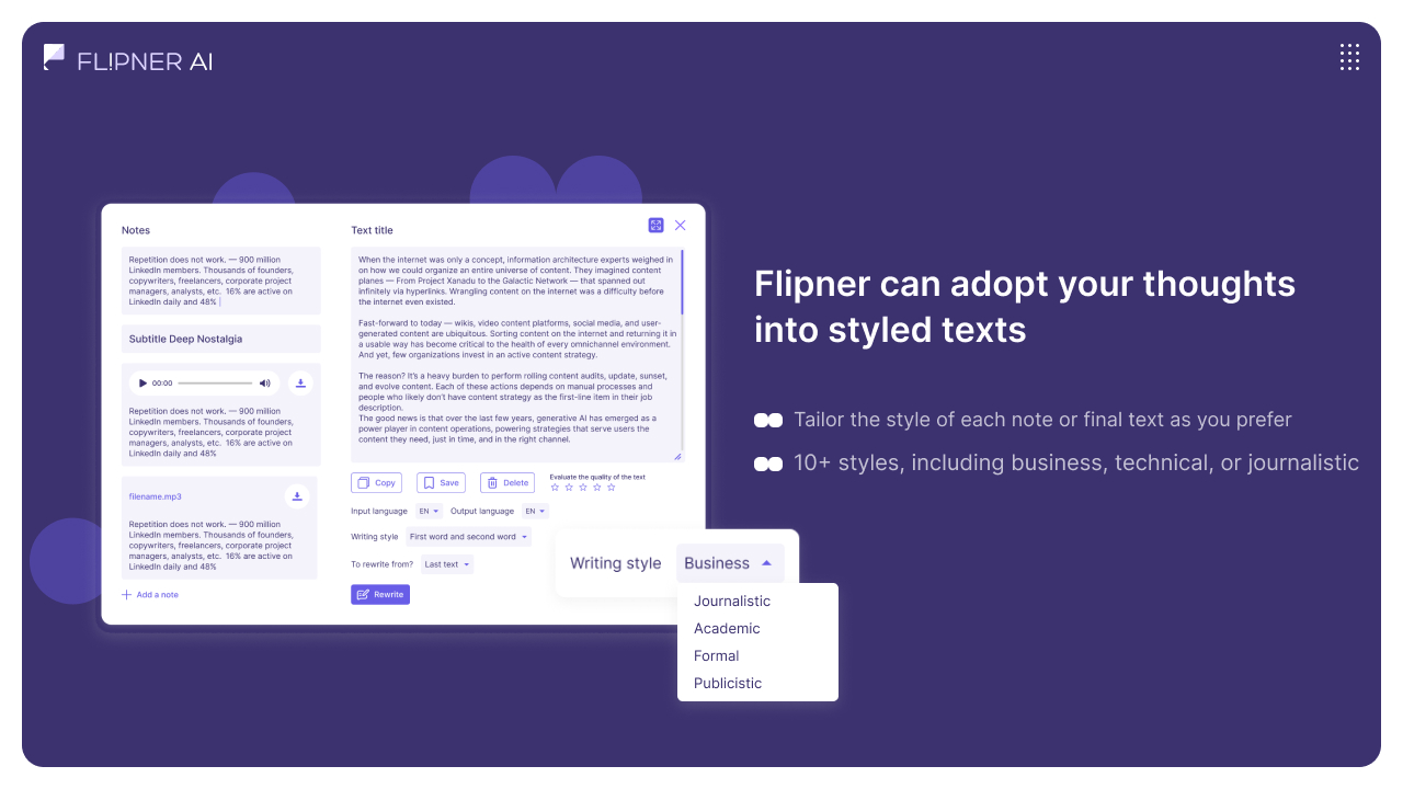 Flipner can adopt your thoughts into styled texts