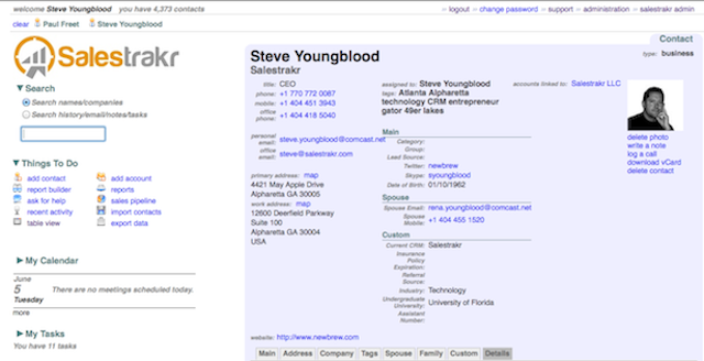 Salestrakr CRM screenshot: The primary working environment of Salestrakr
