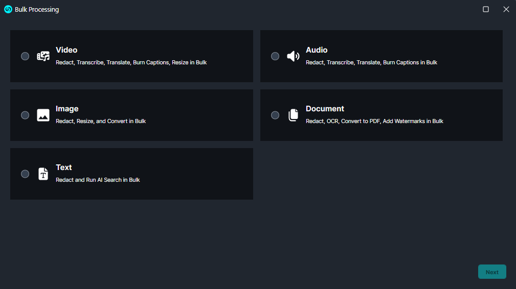 CaseGuard screenshot: CaseGuard select and bulk process video, audio, image, document, or text files