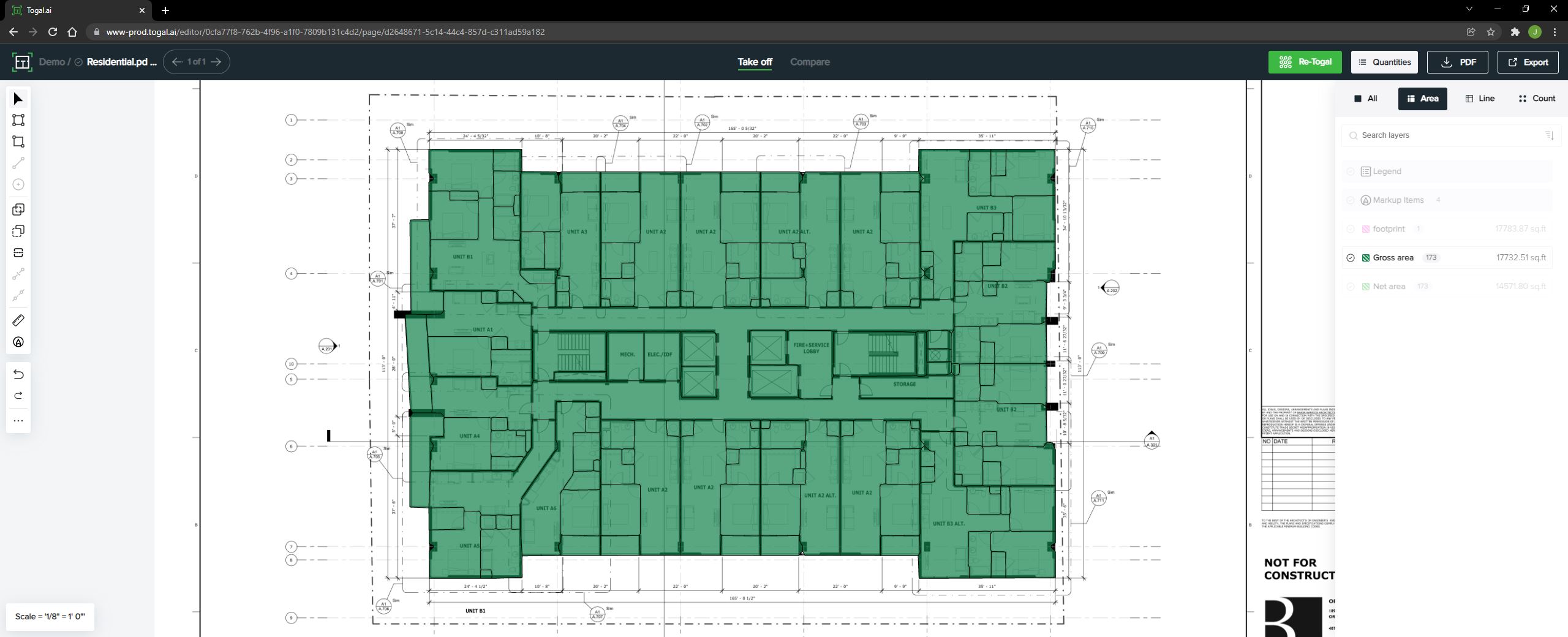 Togal.AI screenshot: Automated area takeoff.